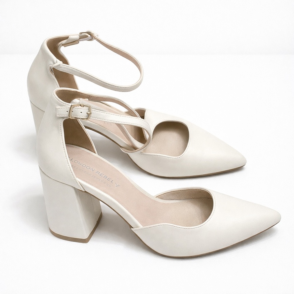 London Rebel Ivory Leather Block Heel Shoes | Bridal | Wide Fit | Size 9.5 Cream - Picture 7 of 9
